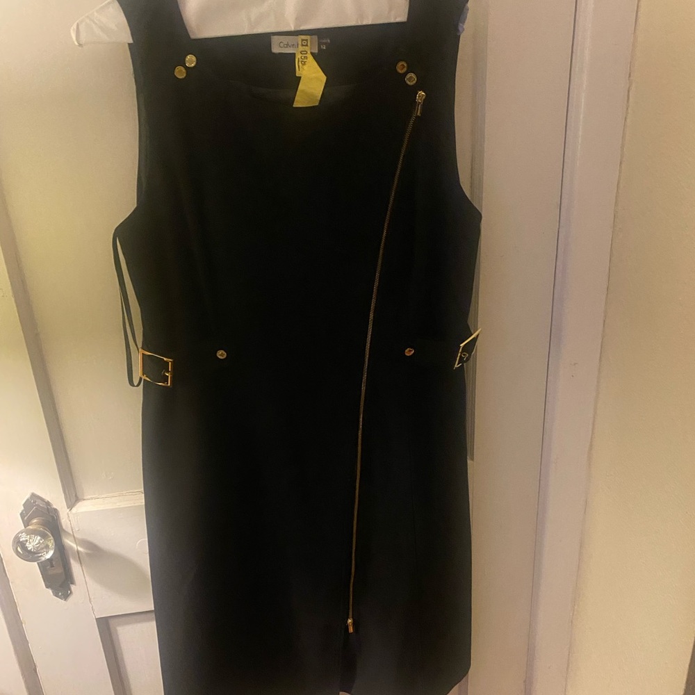 Calvin Klein black with gold zippers and buckles work dress